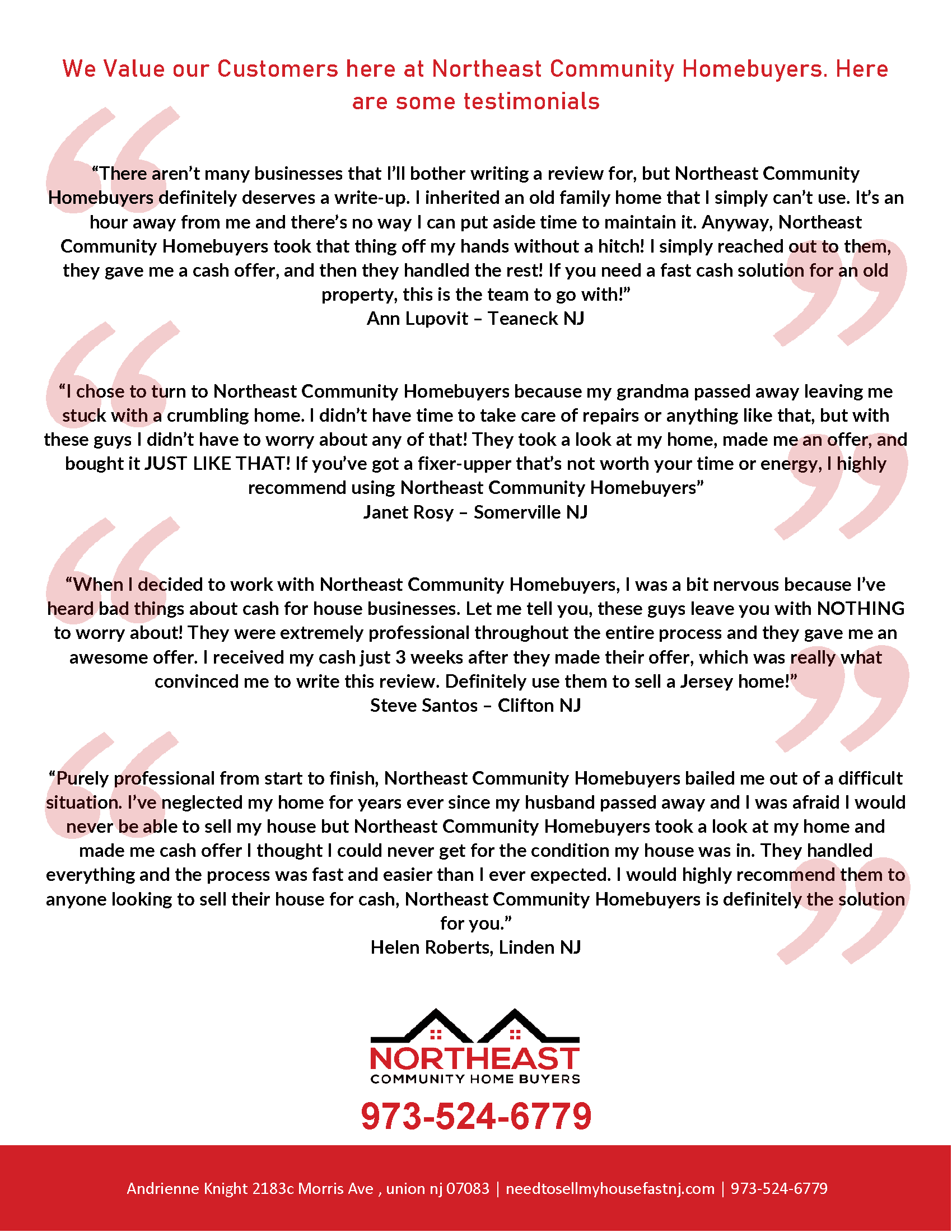 Customer testimonial letter for Northeast Community Homebuyers